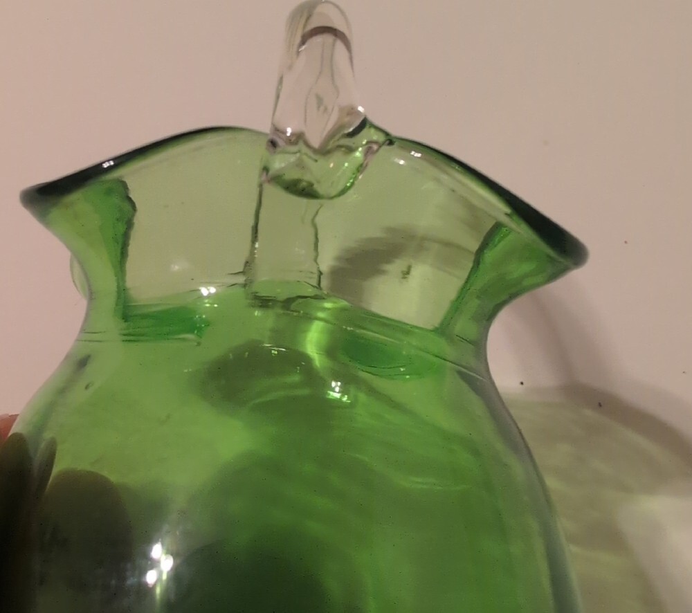 Green Pilgrim Glass Ruffled Rim Pitcher with Clear Handle - Picture 9 of 13